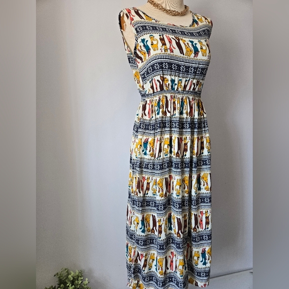 BEAUTY Cartoon Cat Patterned Lightweight Multicolor Sleeveless Midi Dress. Small - Picture 3 of 10
